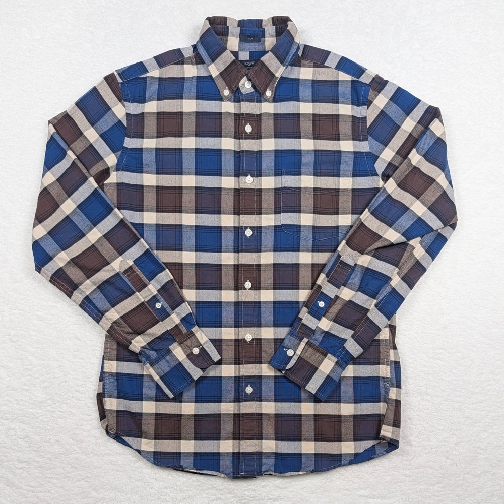 J Crew Oxford Shirt Mens Medium Blue Brown Plaid Slim Fit Long Sleeve Preppy - Picture 2 of 9